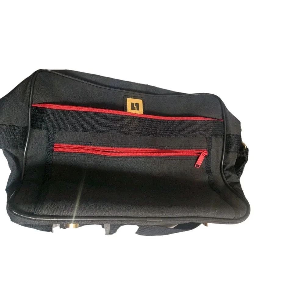 Black Solid Messenger Bag w/ Adjustable Shoulder Strap Red Zipper Brass Hardware